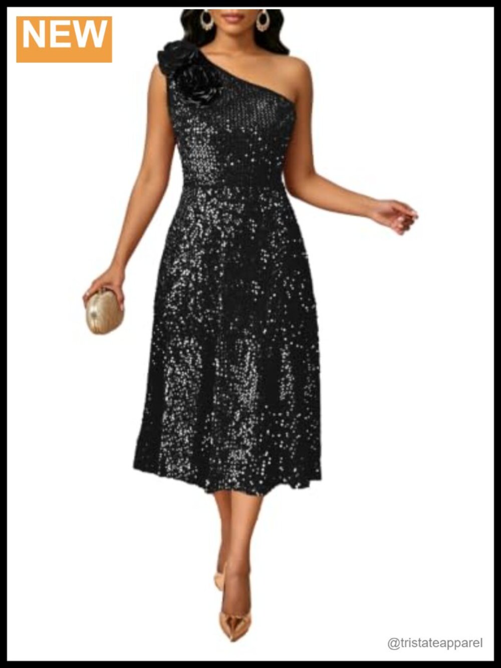 Sequin One Shoulder Sleeveless Midi Dress with Pockets